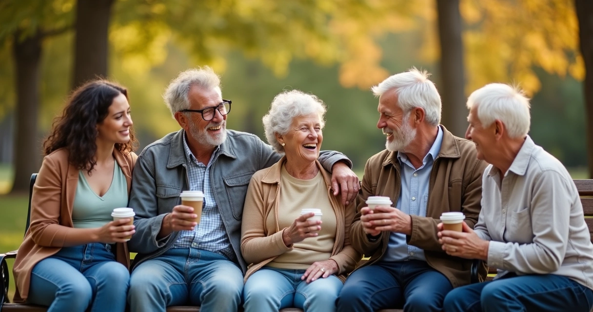 Five friends of varying ages sharing laughter outdoors at a park bench. 