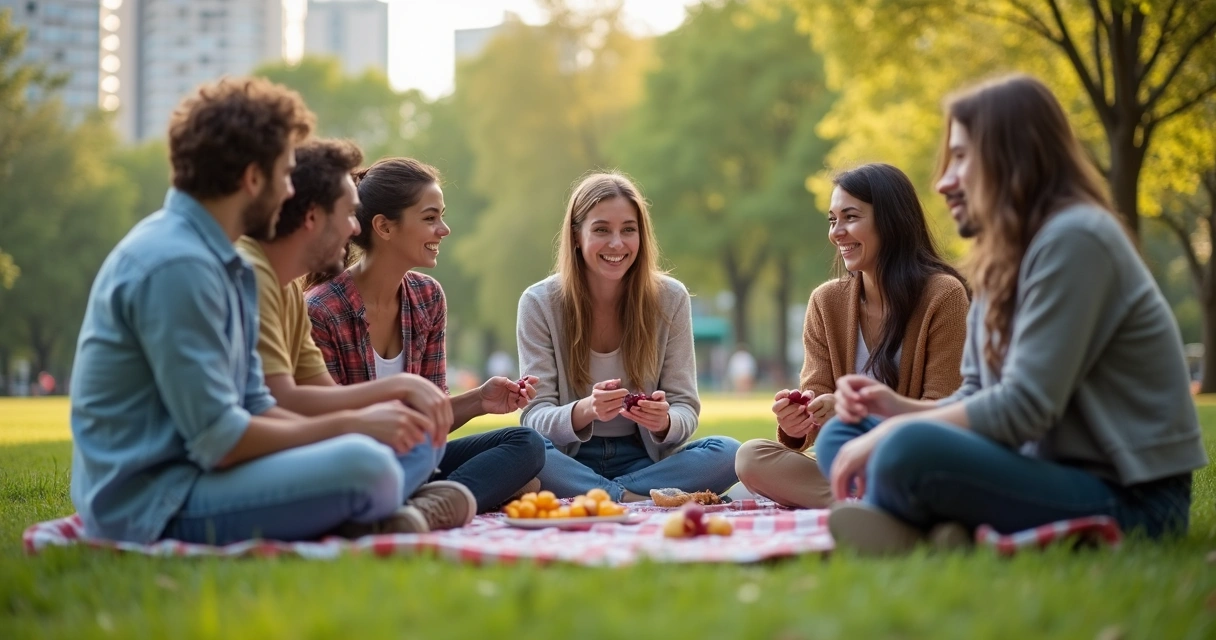 Diverse friends sitting together and talking in a relaxed outdoor setting