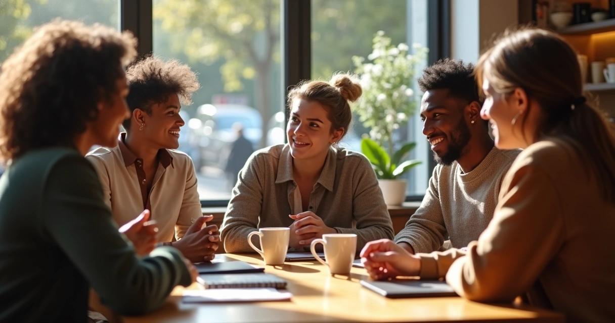 Diverse group of adults in conversation at coffee shop table 