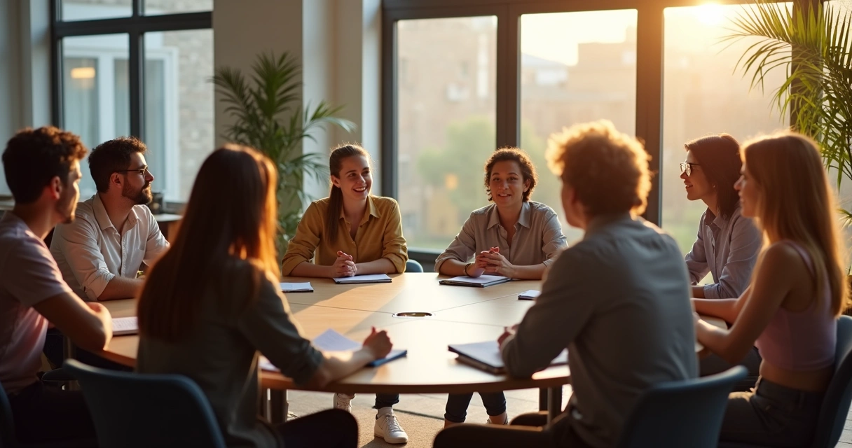 Group of diverse people sitting at a roundtable in deep discussion 