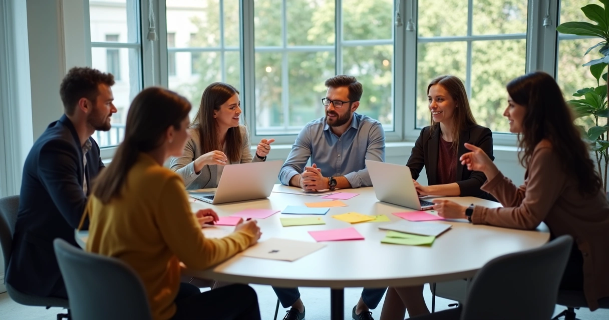 Diverse group of people in discussion around a table 