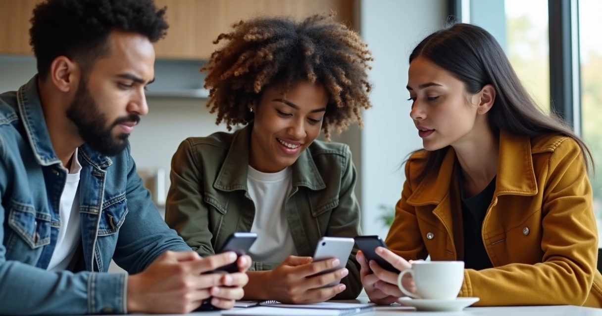 Diverse group discussing social media posts at a table 
