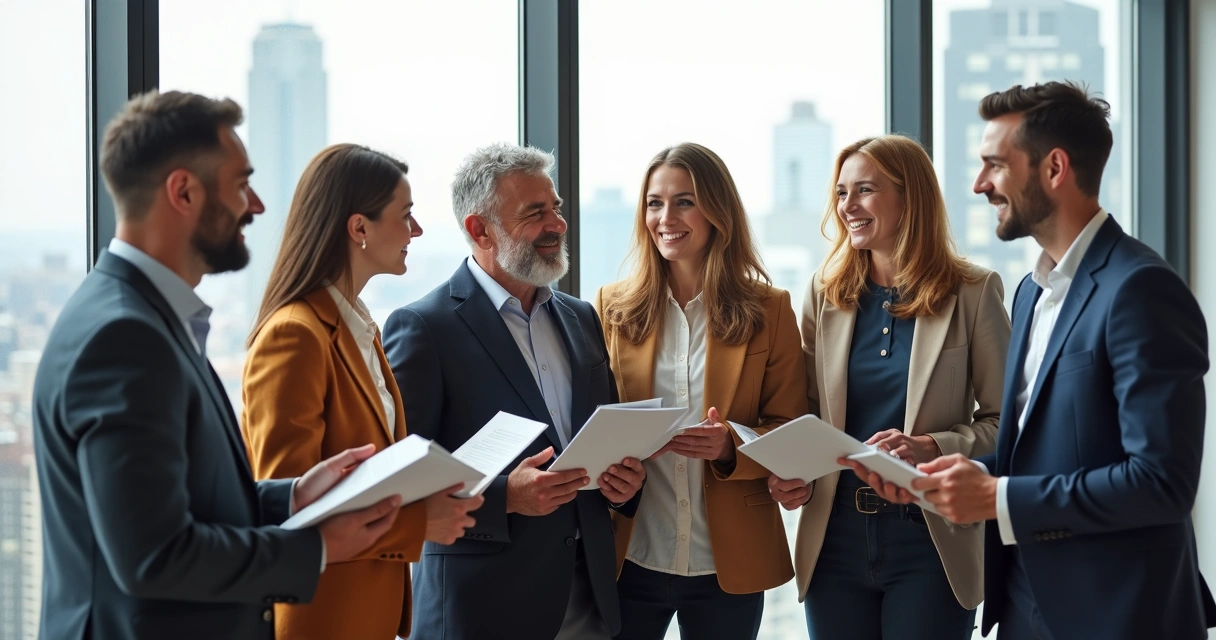 Diverse group of policymakers standing together in a modern room