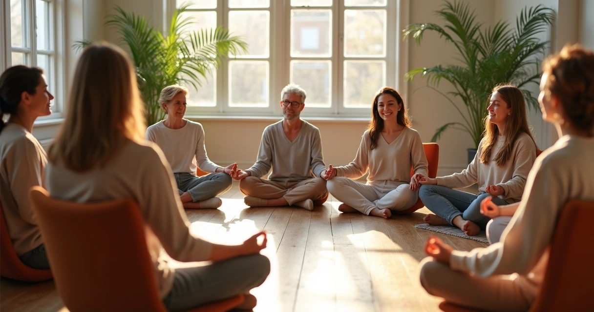 Group of people sitting in circle practicing mindfulness 