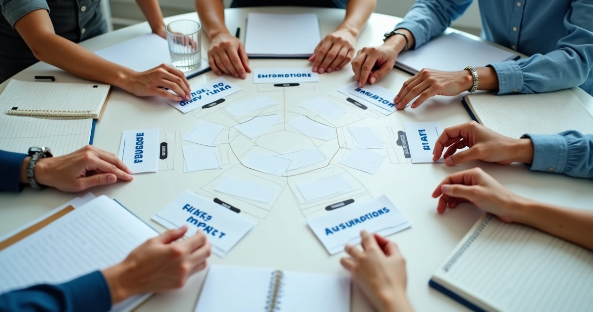 Hands placing decision cards on a shared table