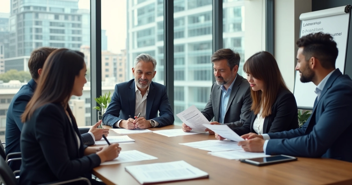 Diverse hiring panel at a modern table reviewing candidate resumes 