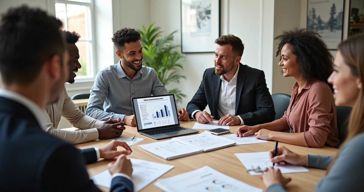 Diverse group of prospective homebuyers reviewing mortgage documents around a table 