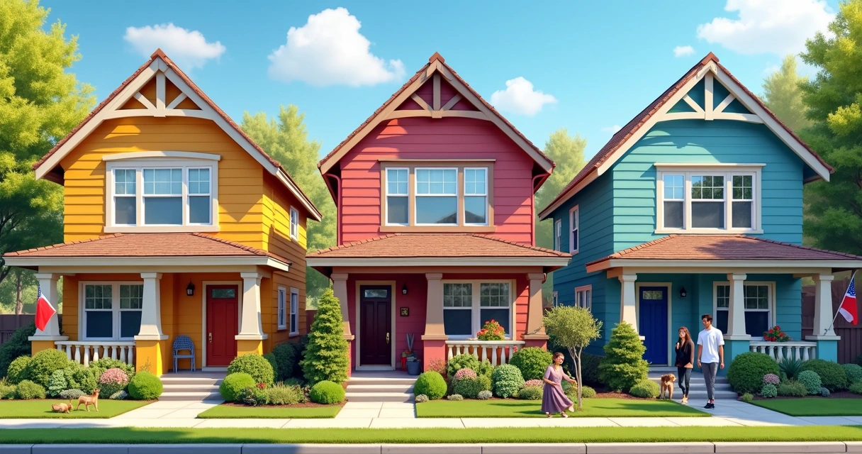 Row of houses in diverse American neighborhood 