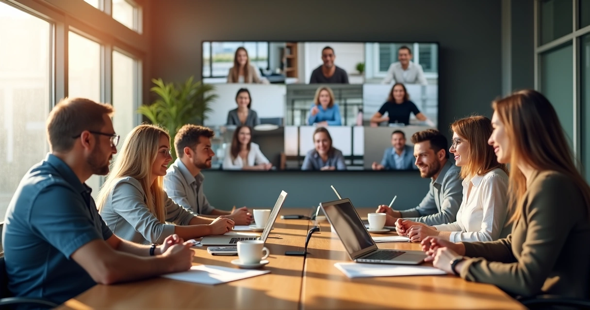 Hybrid team having a meeting with members both in a modern office and joining remotely on screens