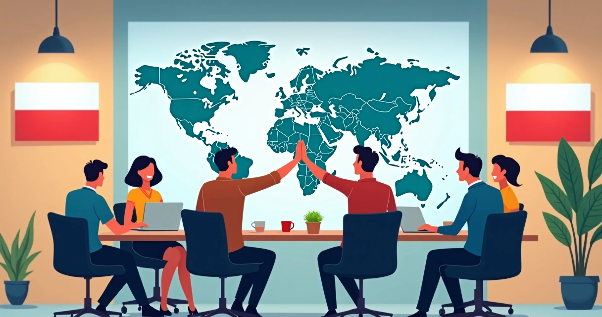 Diverse team celebrating work in Polish office 