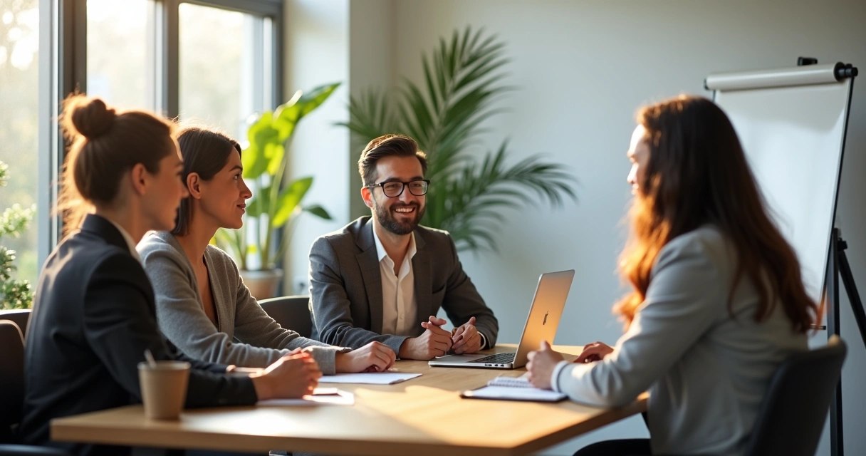 Diverse interview panel with three people at a table asking questions 