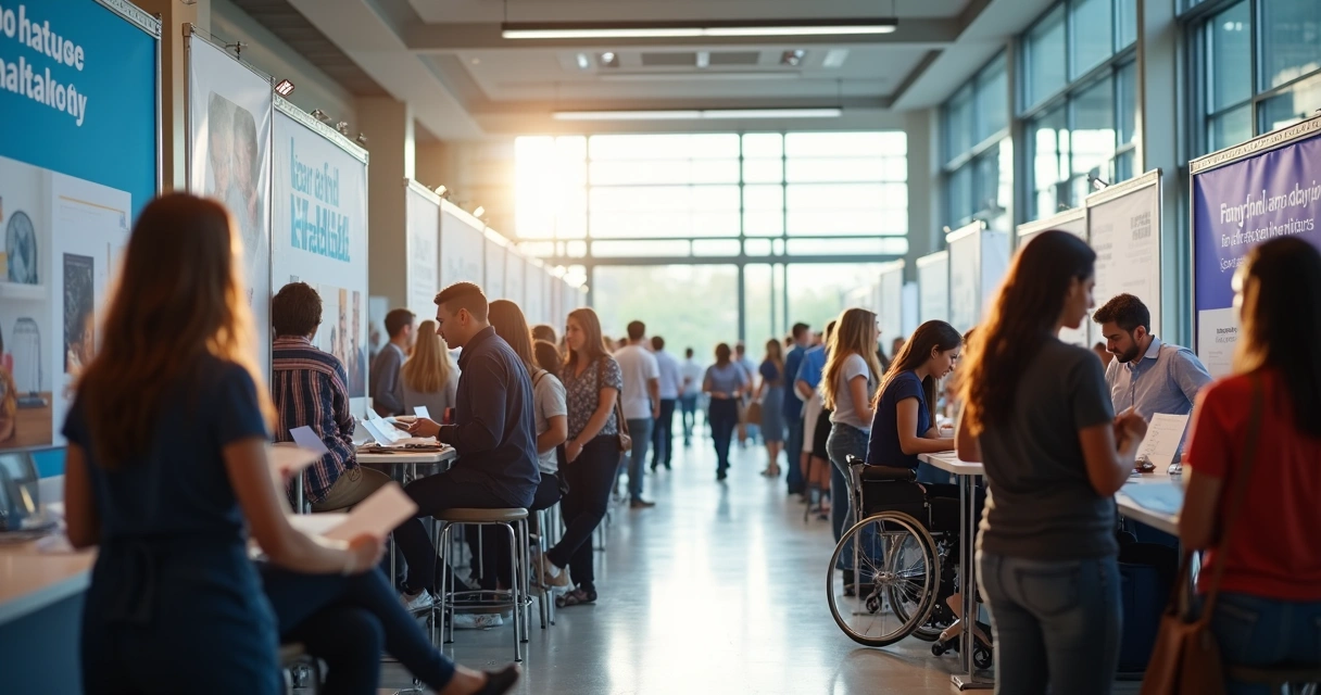Group of diverse job seekers at a career fair 