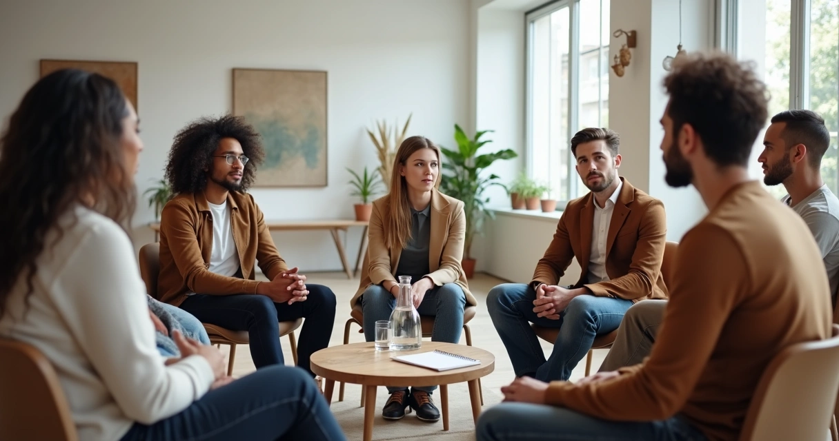 Diverse group of leaders sitting in a circle having a focused conversation 