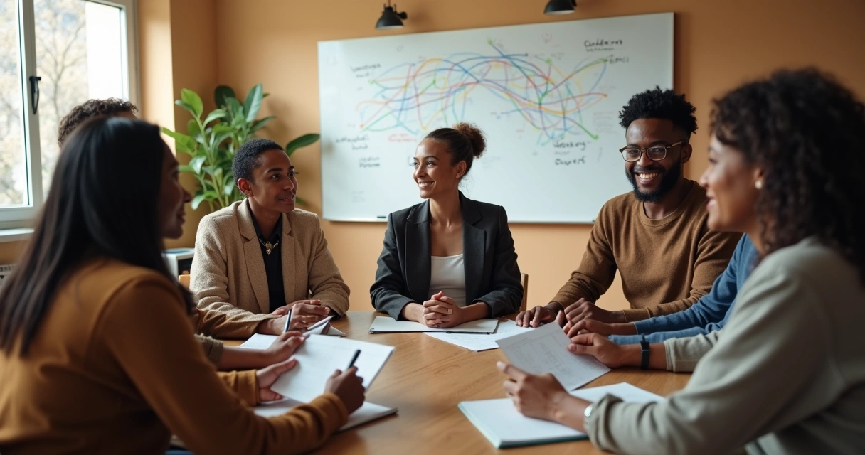 Group of diverse leaders in a circle discussing social initiative strategies