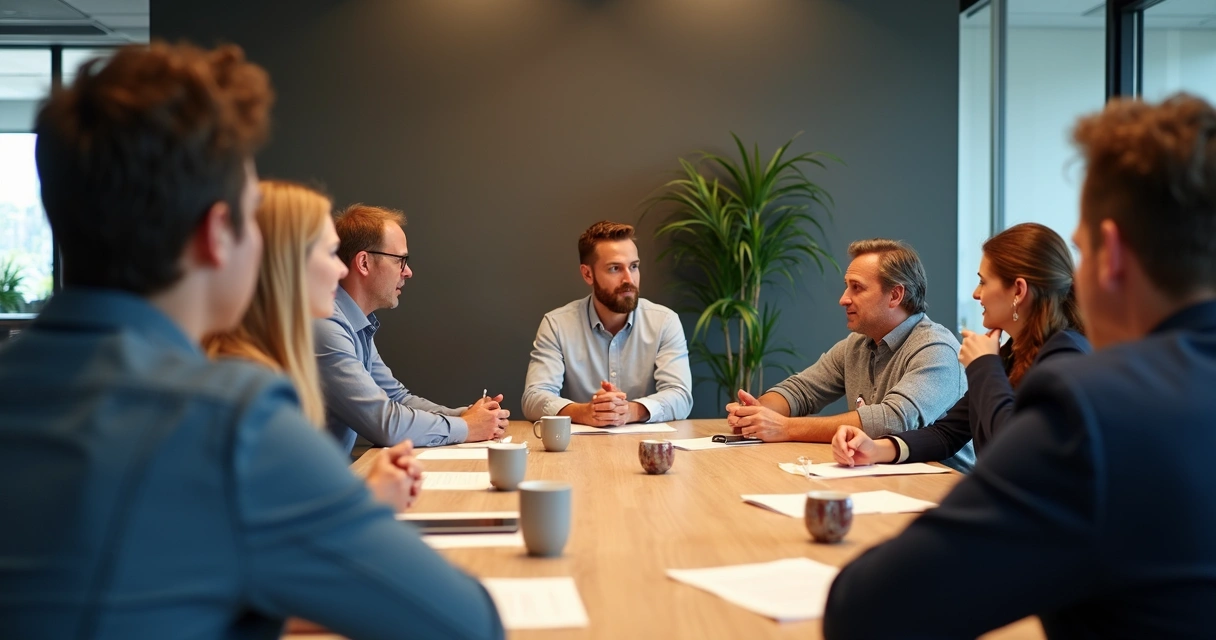 Diverse team in a leadership meeting around a table 