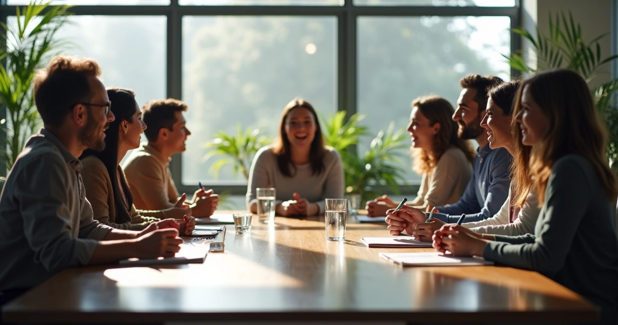 Diverse group of leaders discussing ideas around a modern office table