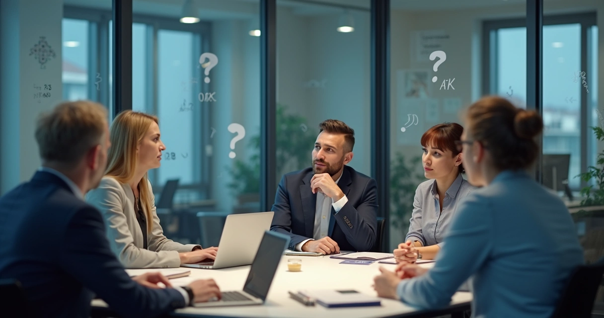 Team meeting with notes on a glass board