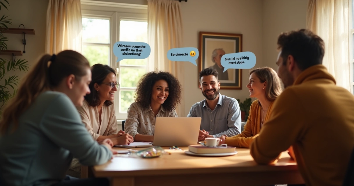Online group discussion around a laptop with diverse group members 