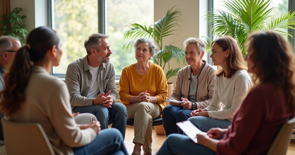 A diverse group sitting in a circle, calmly discussing together 