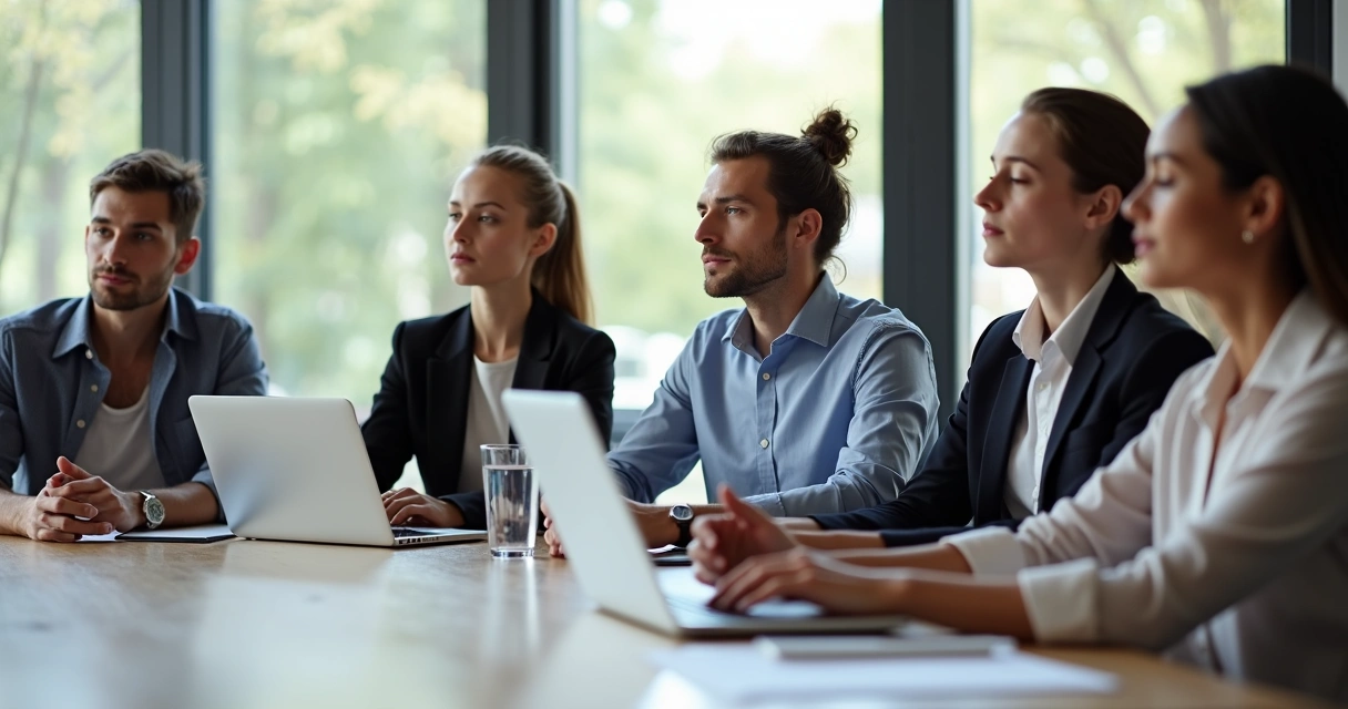 Diverse group pausing during a meeting 