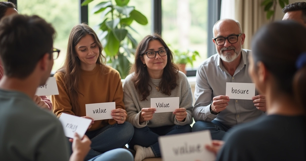 Group of diverse people sitting in a circle sharing values cards 
