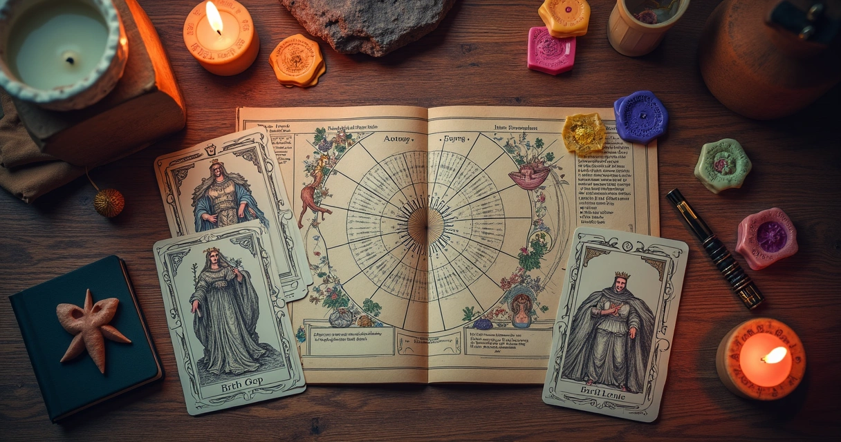 Assorted spiritual tools like tarot cards, runes, astrology charts on a table 