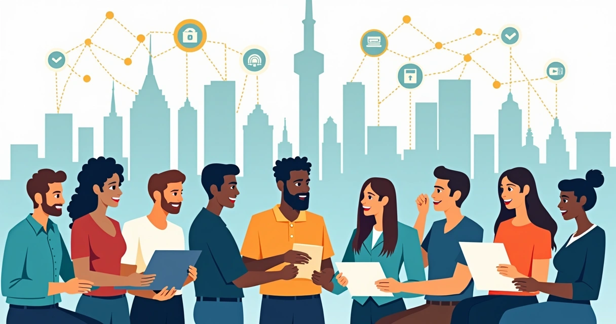 Diverse global team collaborating on digital project with connected city icons in background 