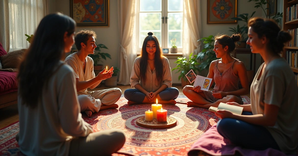 Diverse group performing spiritual rituals around candles and symbols 