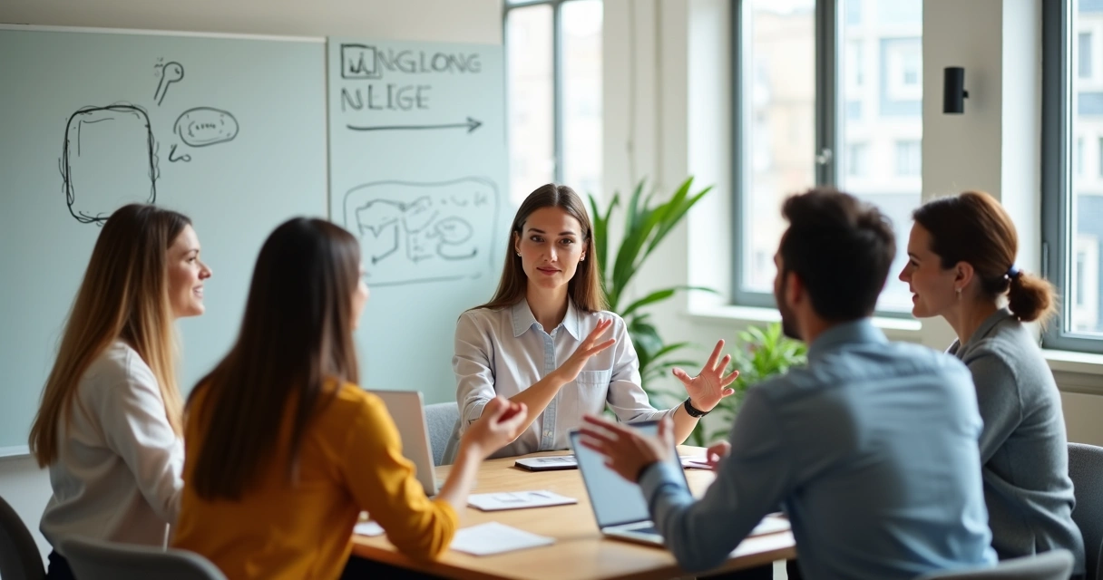 Team in modern office circle talking in open authentic dialogue 