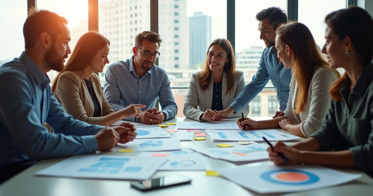 Diverse team working together in a bright office, people brainstorming around a table with post-it notes and charts 