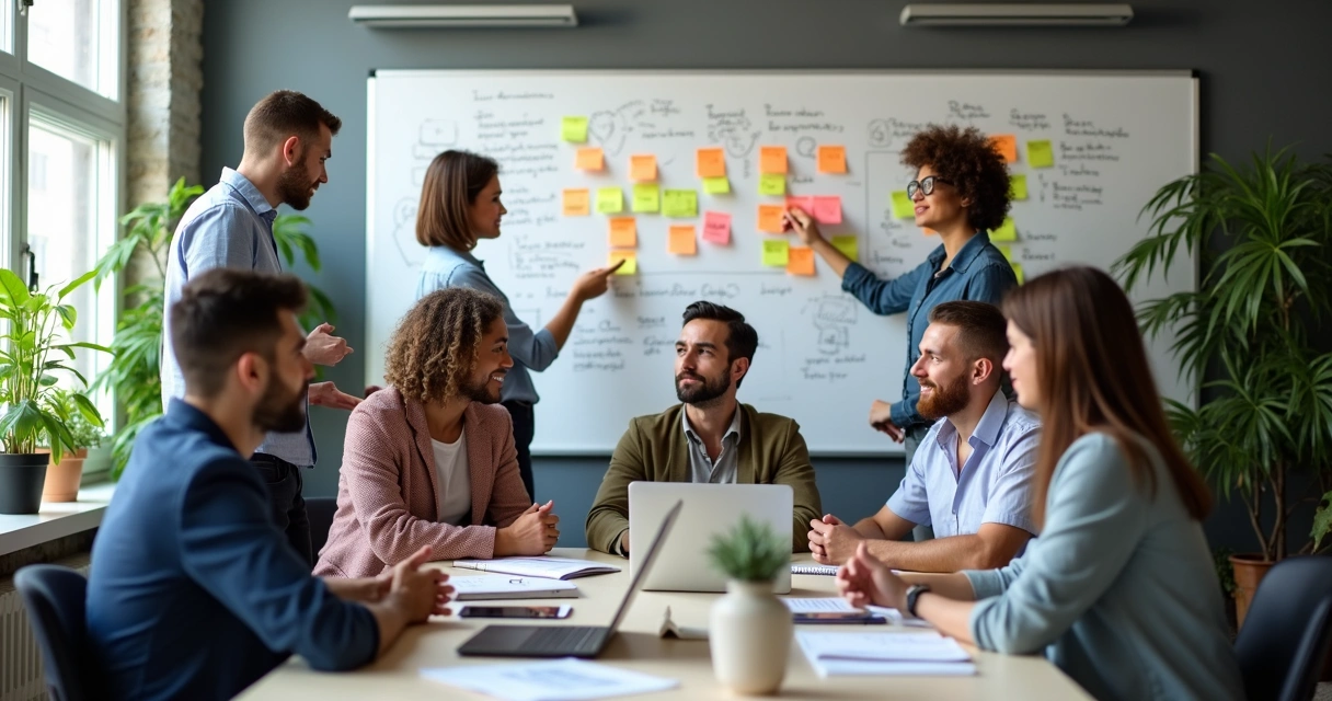 Diverse group brainstorming in a creative workspace 