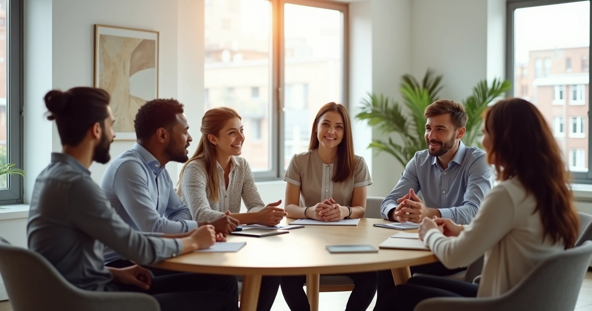 Professional team sitting in a circle having an open trust-building conversation 