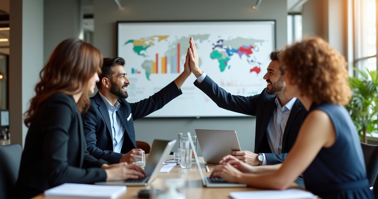 Diverse colleagues in business attire celebrating project milestone