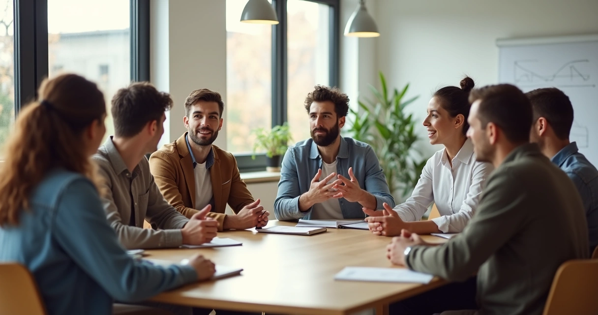 Team sitting in a circle having an open and relaxed conversation 