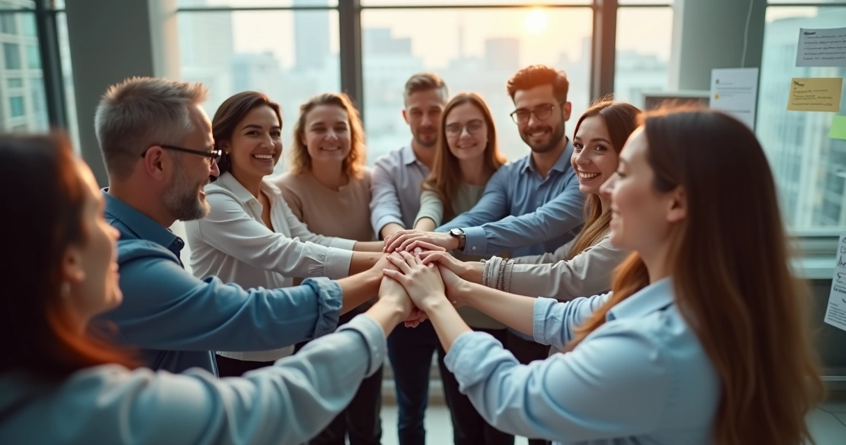 Diverse team standing in a circle with hands joined in the center 