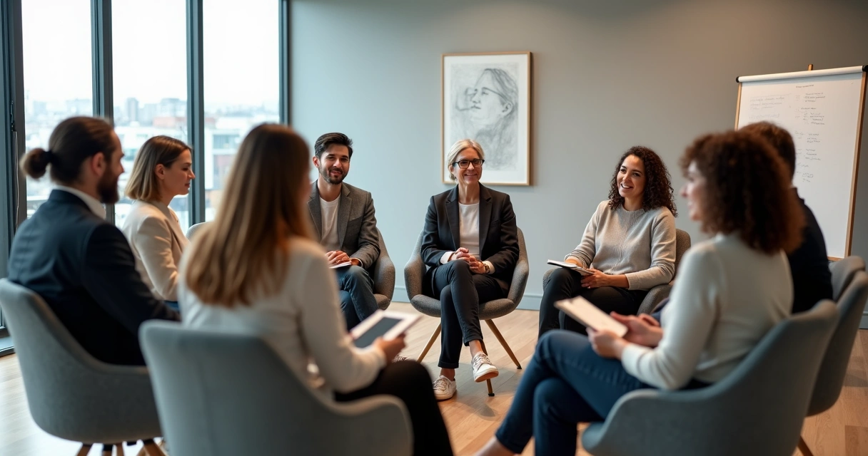 Diverse group sitting in a circle building trust in a meeting room 