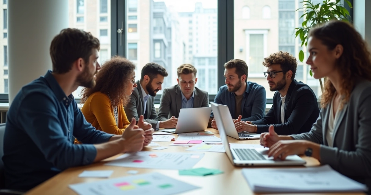 Diverse team collaborating around a table 