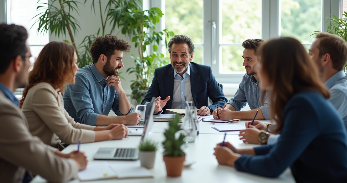 Diverse team collaborating around a desk with introverted and extroverted members 