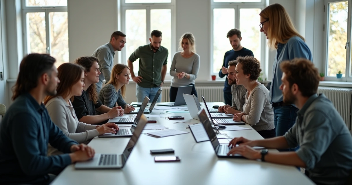 Diverse team collaborating around a table with papers and laptops 