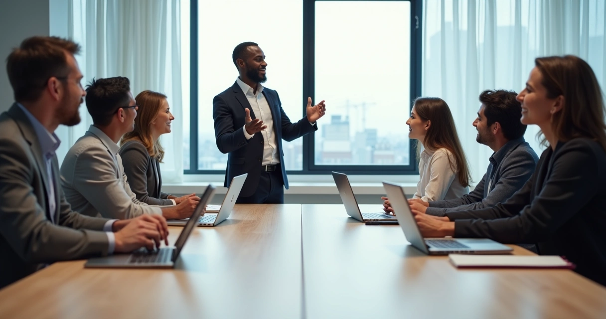 Business team of diverse individuals in a conference room, engaged and interacting.