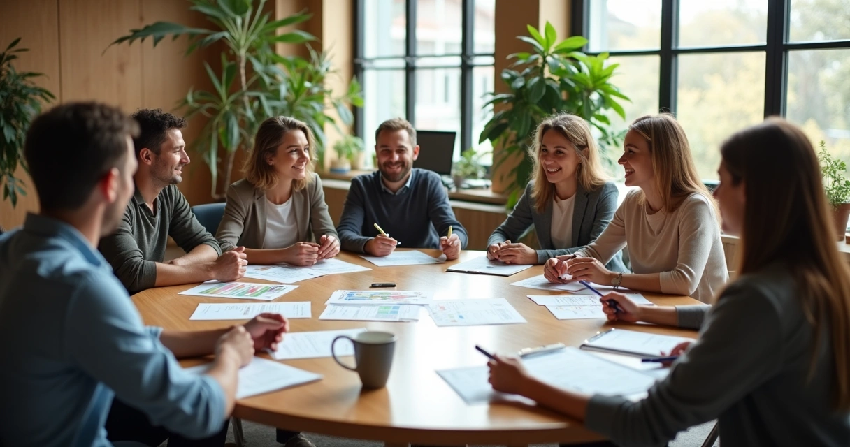 Diverse team making decisions around a table with digital screens and papers