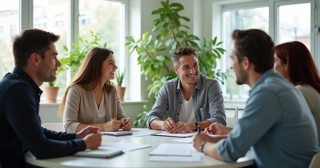 Diverse team in open conversation at round table 