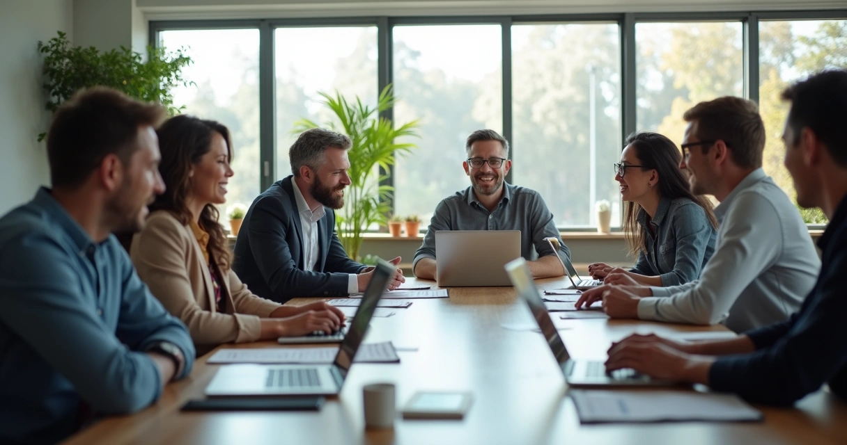 Diverse group of office workers in a meeting room discussing together 