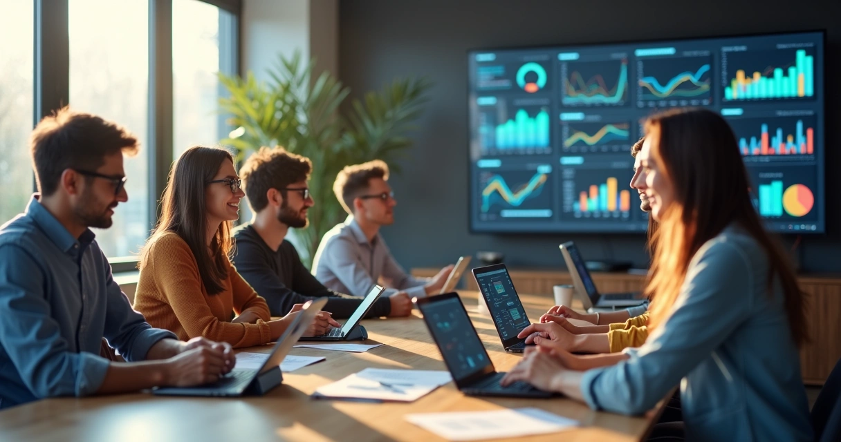 Diverse team collaborating around a table, reviewing metrics on digital tablets 