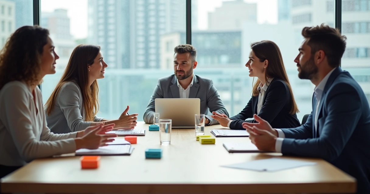 Diverse colleagues in a calm discussion around a meeting table 