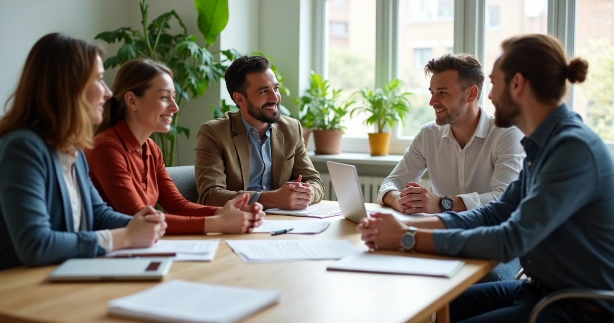 Diverse group of people sitting at a modern table engaged in discussion 