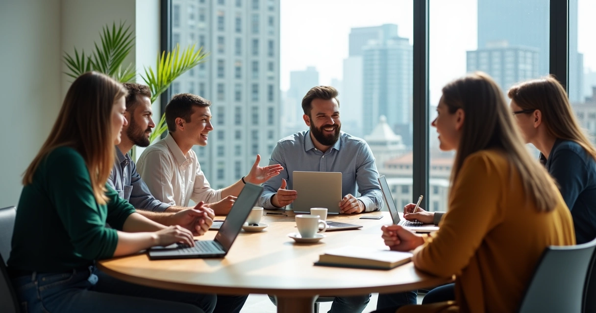 Diverse team in a meeting discussing ideas