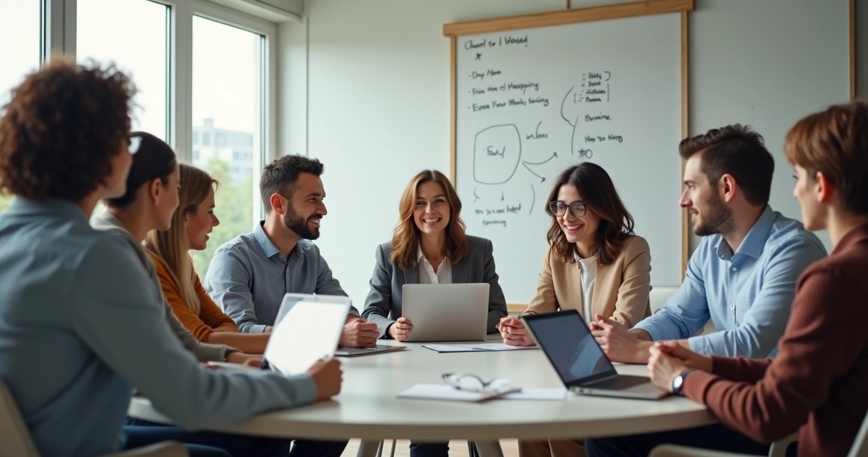 Diverse team in casual office discussing around round table