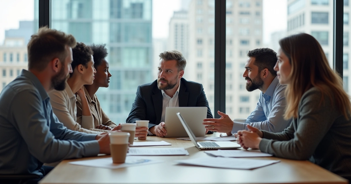 Employees of different backgrounds discussing project ideas in a modern office 