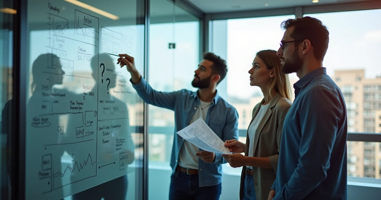 Diverse team in discussion comparing notes on a glass board 